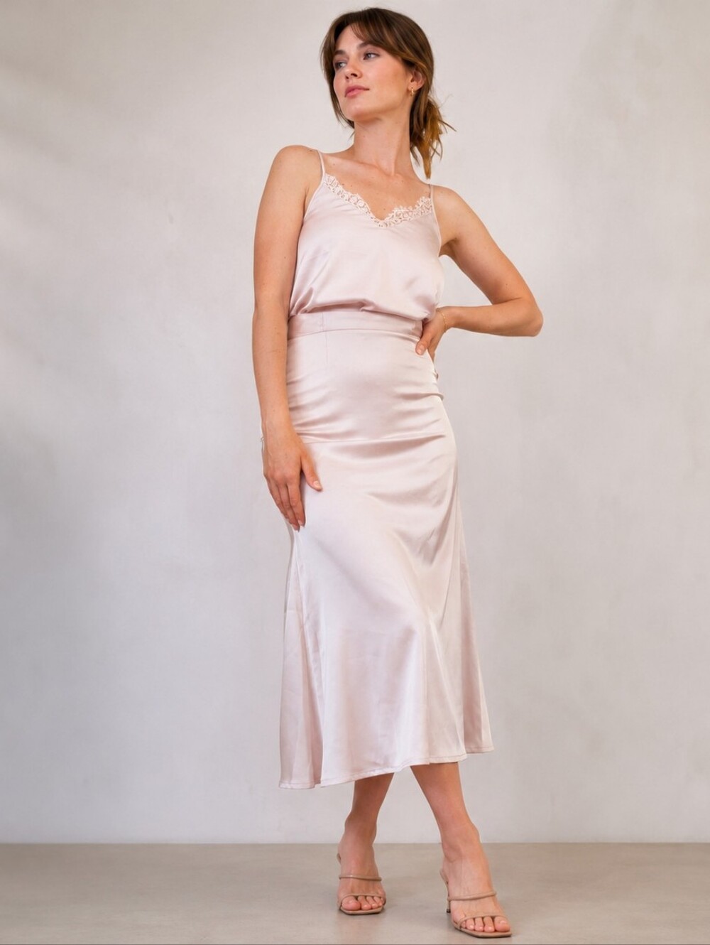 Silky Lace-Trim Slip Top And Skirt - Blush Pink